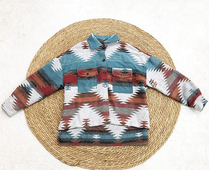 Vintage Jacket Women Splicing Loose Jacket Denim Print Aztec Retro Ethnic Style Long Sleeved Shirt Streetwear Female Goth Coat