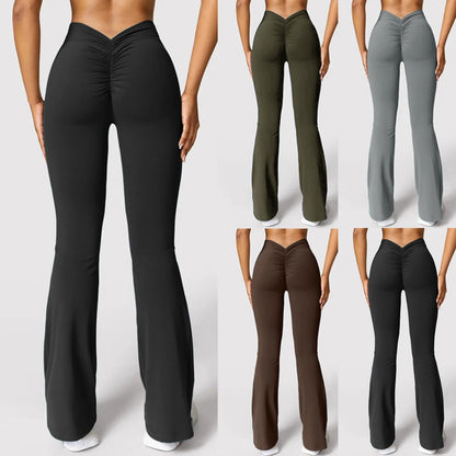 Fashion flared pants women's V back waist sports pants high waist buttocks beautiful buttocks fitness pants solid color tight La