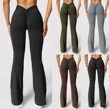 Fashion flared pants women's V back waist sports pants high waist buttocks beautiful buttocks fitness pants solid color tight La