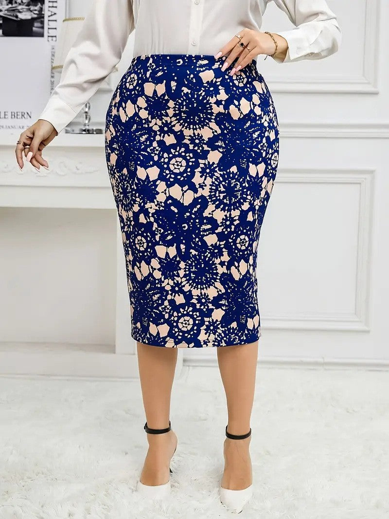 GIBSIE Plus Size Women's Vintage Print Bodycon Midi Skirts Ladies Elegant High Waist Slim Knee Length Office Casual Pencil Skirt