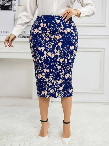 GIBSIE Plus Size Women's Vintage Print Bodycon Midi Skirts Ladies Elegant High Waist Slim Knee Length Office Casual Pencil Skirt