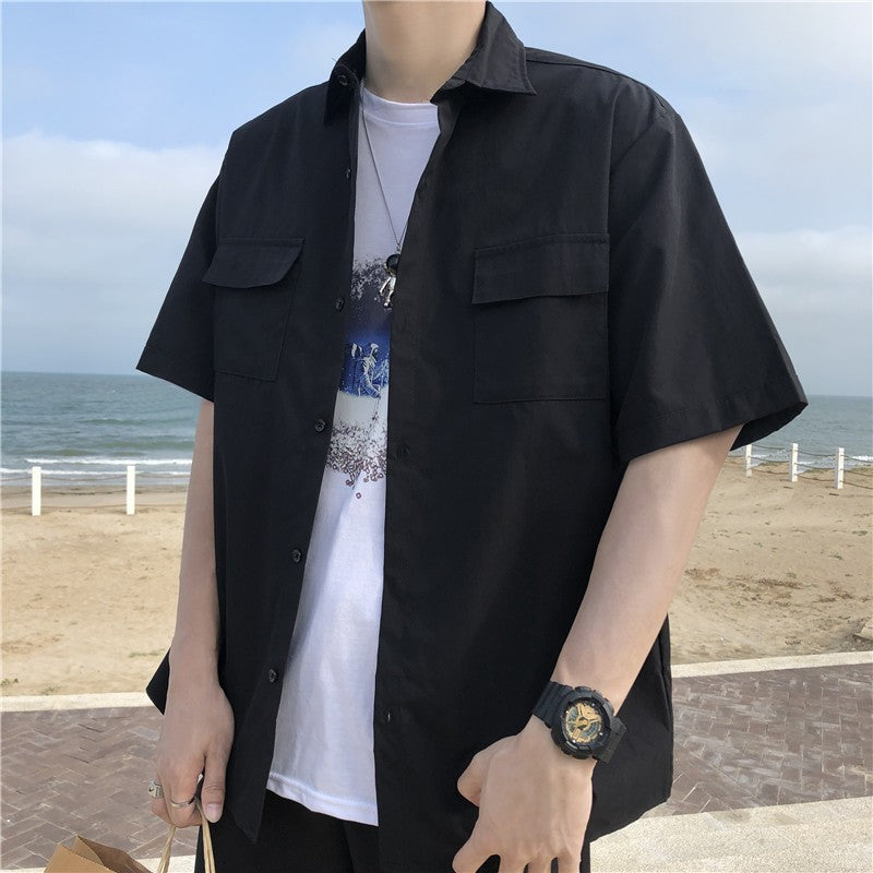 Summer Basic Shirts for Men 2025 New Half Sleeve Cargo Shirts Loose Casual Lapel Cardigan Tops Male Shirt Coats Retro Streetwear