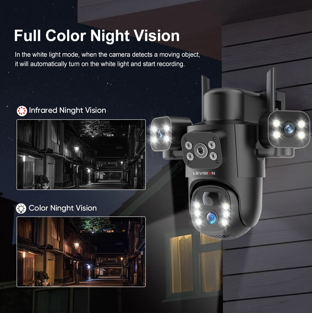 LS VISION 4G / WiFi Solar Camera 3Lenses Outdoor 15MP 4K Low Power Battery IP Camera PIR Night Vision V380 Pro CCTV Security