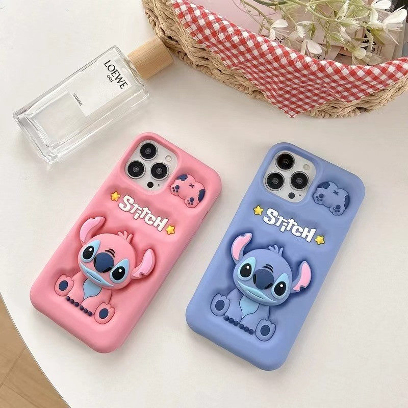 Capa de celular 3D fofa de desenho animado Stitch para iPhone 17 16 15 14 13 12 Pro Max 11 com suporte de silicone macio e pega de cabeça fofa