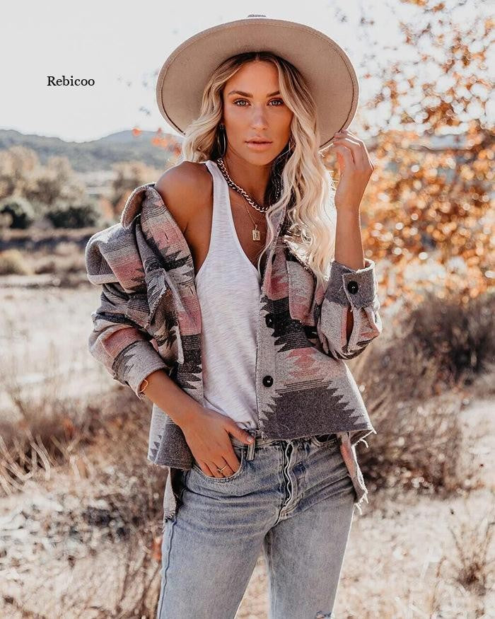 Vintage Jacket Women Splicing Loose Jacket Denim Print Aztec Retro Ethnic Style Long Sleeved Shirt Streetwear Female Goth Coat