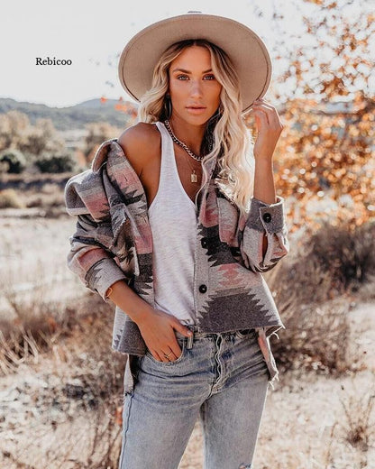 Vintage Jacket Women Splicing Loose Jacket Denim Print Aztec Retro Ethnic Style Long Sleeved Shirt Streetwear Female Goth Coat