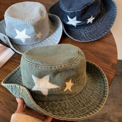 Kawaii Denim Star Fisherman Hat Wide Brim Y2K Outdoor Sun Hat Sunshade Adjustable Western Cowboy Hat Fishing