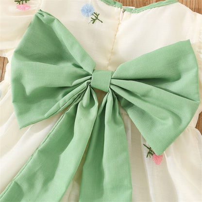 Summer Flower Embroidered Chiffon Dress for Baby Girl Birthday Dress High Quality Kids Clothes Send Big Bow