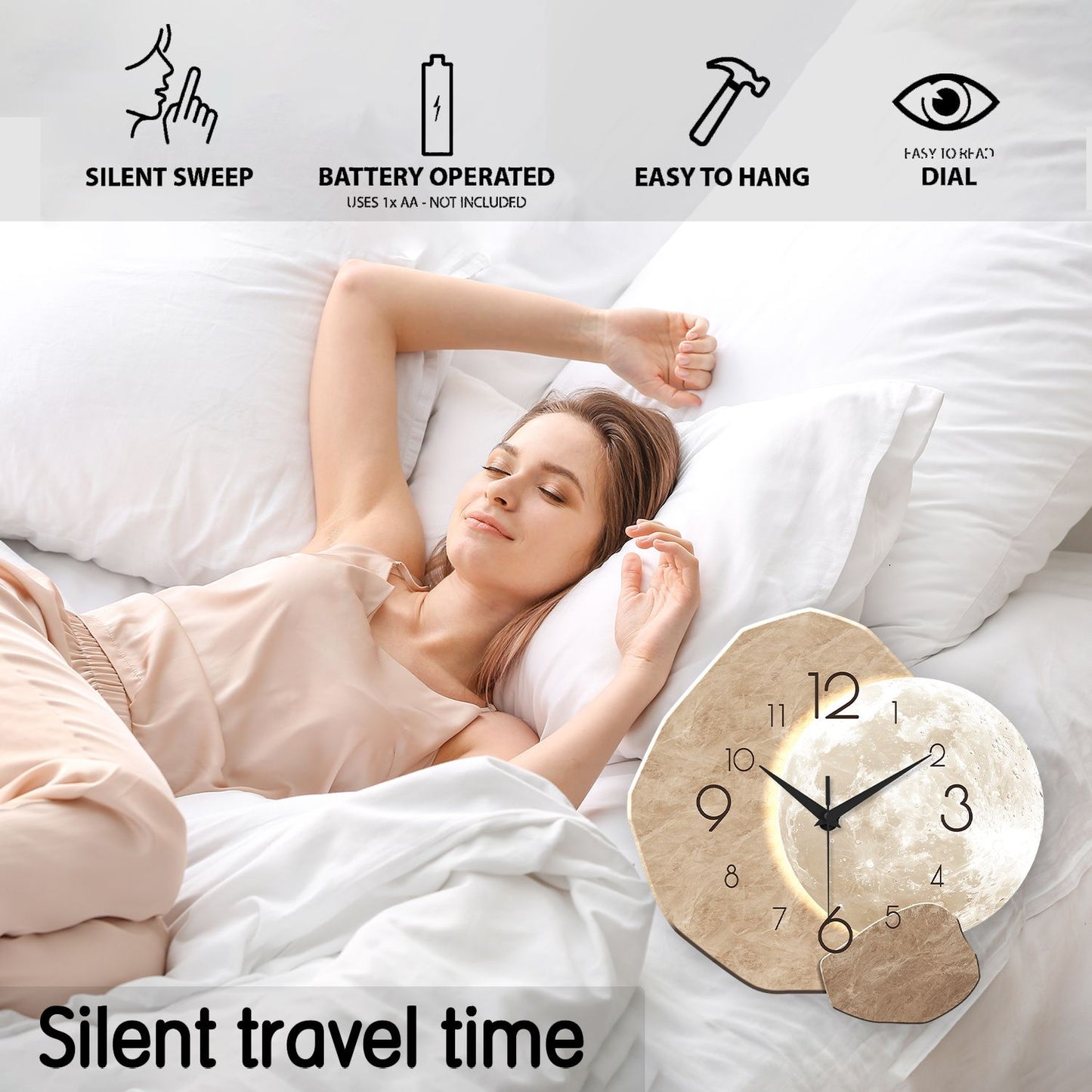 Modern Simple Silent Wall Clock, Moon Design - Quartz Movement, Wooden Material, for Bedroom, Living Room or Office Decoration