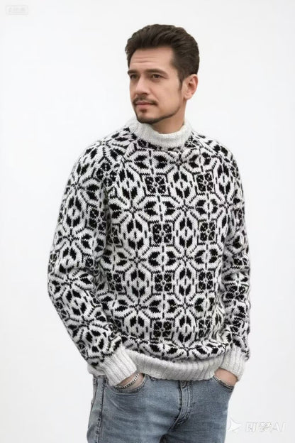 New Style Simple Retro Fresh Jacquard Sweater Loose Street Pullover Contrast Color Long Sleeve Knitted