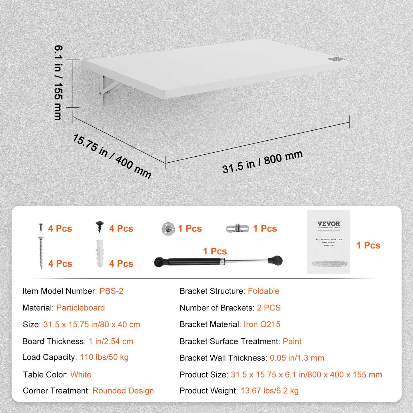 SucceBuy Wall Mounted Folding Table Drop Leaf  Floating Desk with Bracket Fold Down for Home Office Room Kitchen Space-Saving