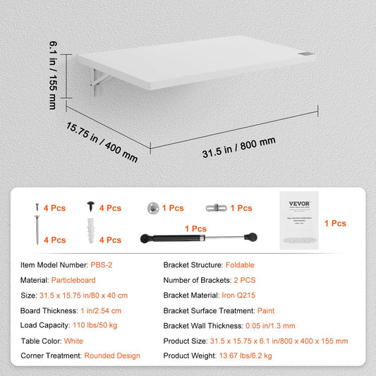 SucceBuy Wall Mounted Folding Table Drop Leaf  Floating Desk with Bracket Fold Down for Home Office Room Kitchen Space-Saving