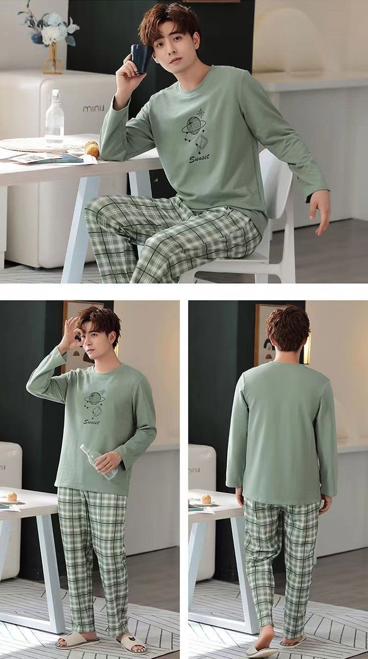 2Pcs/set men's pajamas set of large size long-sleeved long trousers autumn and winter students home clothing round neck autumn m