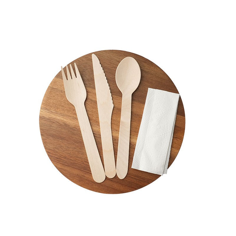 20pcs Disposable Wooden Cutlery Combo(Fork Knife Spoon Paper Napkin) Portable Party Camping Biodegradable Wooden Tableware Set