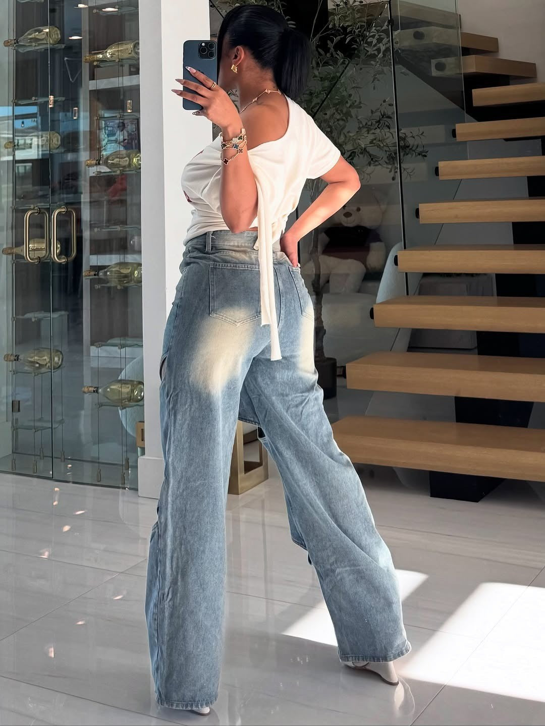 2025 New European and American Women's Clothing Fashion Street Trend Hollow Nail Buckle Old Straight Loose Denim Trousers