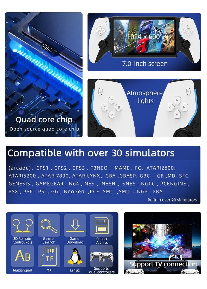 HC8000 Handheld Game Console Multiple Games 30+ Emulators 7.0 Inch Screen Portable Gaming Player Children's Toys Game Console