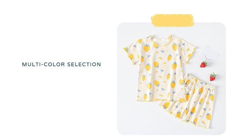 Girls Summer Pajama Sets Stylish Cartoon Pattern Printing Short Sleeve Top and Pants Made from Luxurious Cozy Ice Silk Material