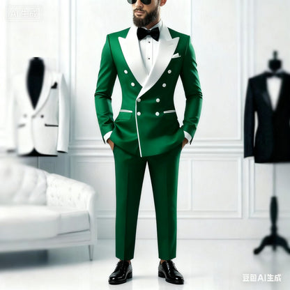 Men's 2-Piece Casual Smalking Set with White Lapel Blazer And Black Pants Wedding Groomsmen Suit for Ceremony And Festa