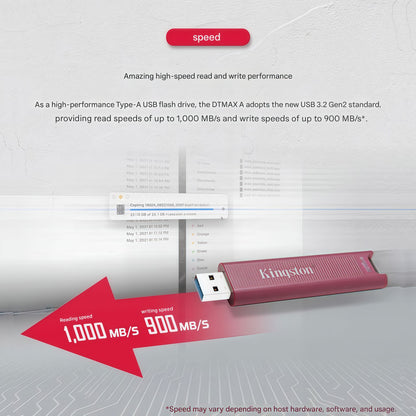 Pen drive Kingston SSD USB 3.2, transferência de alta velocidade, grande capacidade. [USB 3.2] Velocidade de leitura 1000 MB/s, velocidade de gravação 900 MB/s.