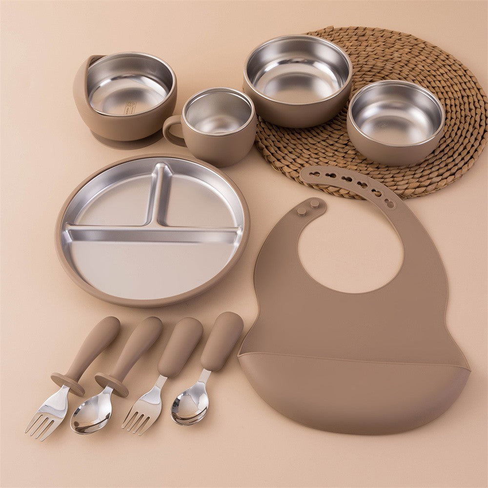 Color Kids 10PCS Infant Feeding Set Stainless Steel Silicone Tableware With Detachable Bowl Plate Bib Weaning Utensils For Baby