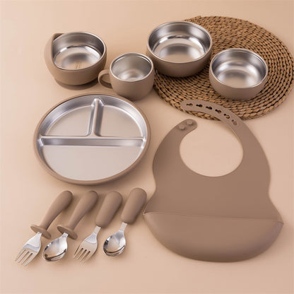 Color Kids 10PCS Infant Feeding Set Stainless Steel Silicone Tableware With Detachable Bowl Plate Bib Weaning Utensils For Baby