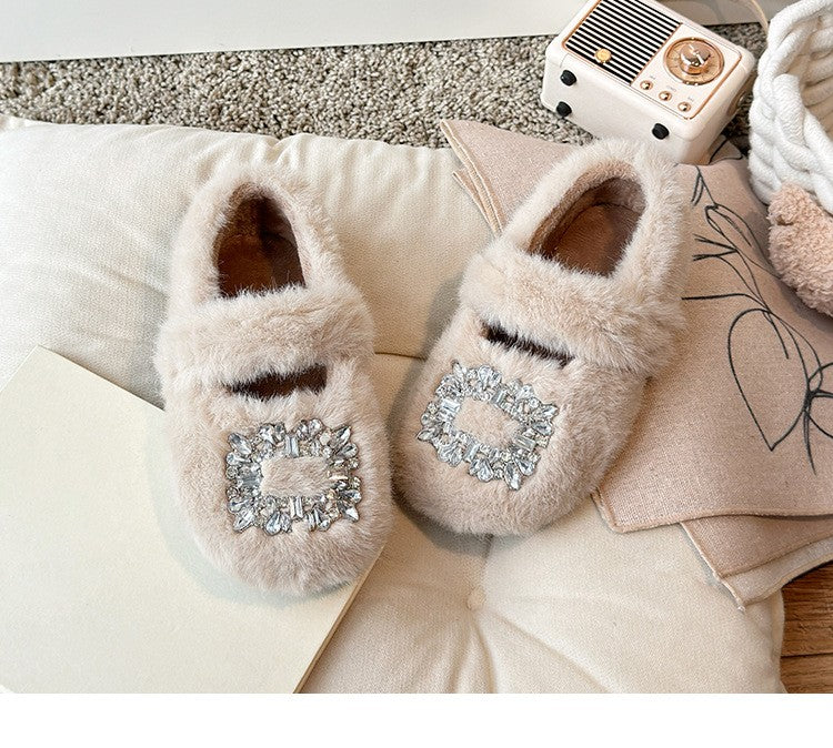 2025 Autumn Winter Children Warm Fur Shoes Fashion Rhinestone Moccasins Flats Outwear Girls Shoes Khaki, Beige, White