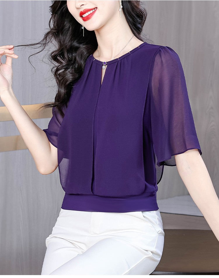 Summer Clothing Half Sleeve Chiffon Blouse 2025 New Fashion Loose Women Tops Solid Color Casual Pullovers Shirt