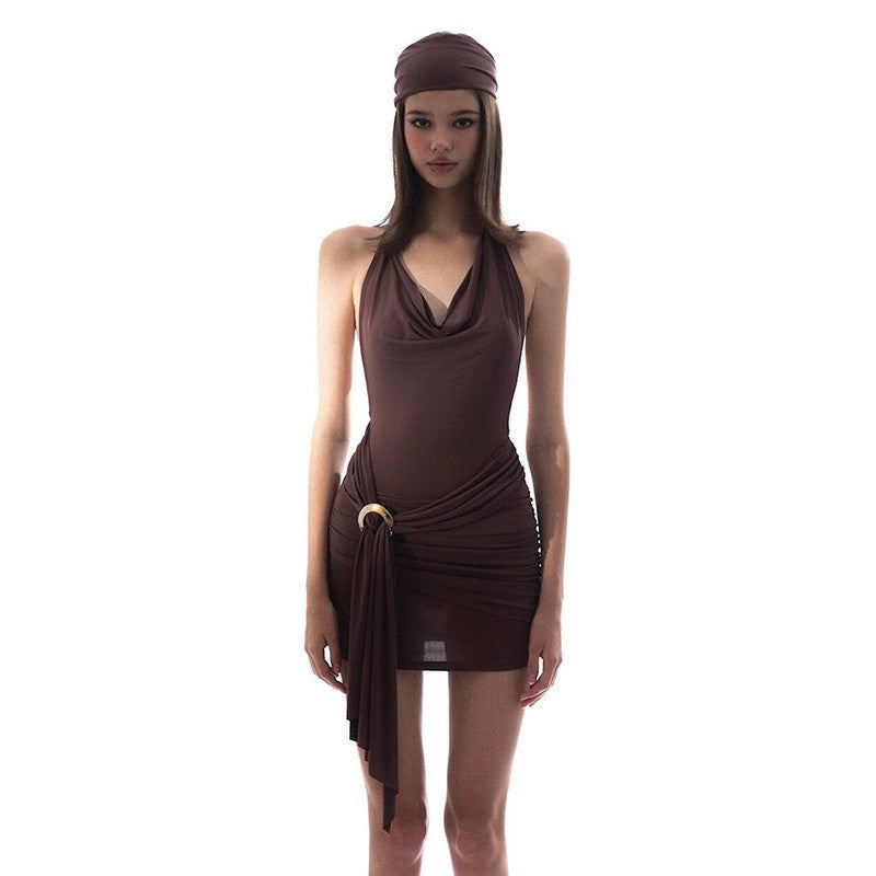 WhereMery Vintage Brown Low-cut Backless Mini Dress Y2K Women Bandage Pleated A-