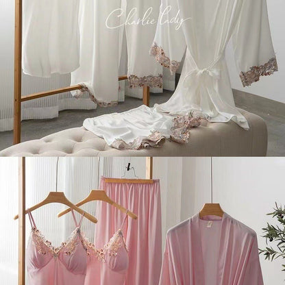 Women's Ice Silk Nightgown Set - Spring/Fall Long-Sleeve Robe Sexy Pure Desire Style with Padded Strapless Nightdress and Pants