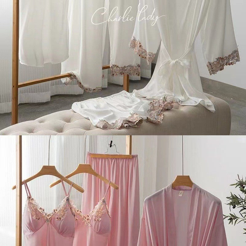 Women's Ice Silk Nightgown Set - Spring/Fall Long-Sleeve Robe Sexy Pure Desire Style with Padded Strapless Nightdress and Pants