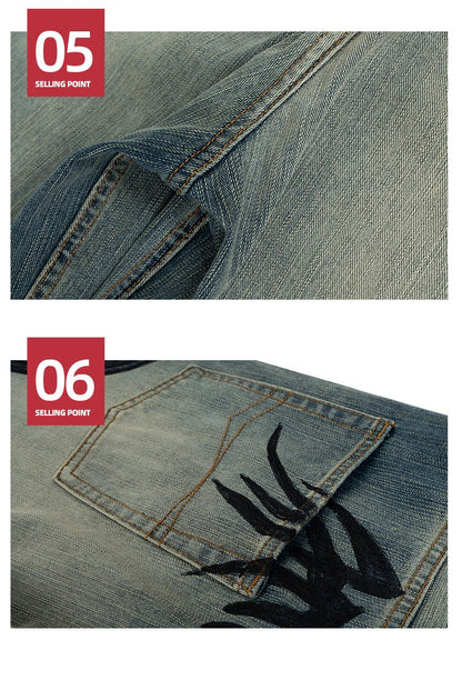 MIJKO New Retro Dragon Pattern Totem Print Bamboo Baggy Drawstring Washed Jeans For Men Women Denim Pants ZJ083