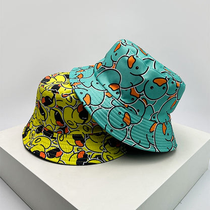 New Unisex Print Yellow Duck Bucket Hats Sunshade Double Sided Wearable Fashion Cute Casual Fisherman Caps Versatile Cartoon ins