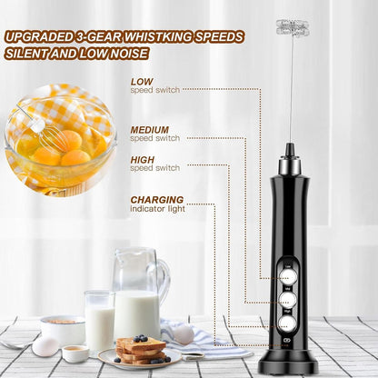 Espumador de Leite Elétrico Sem Fio Recarregável - 3 Velocidades, Batedor de Espuma Portátil para Latte, Cappuccino, Chocolate Quente - Recarregável por USB