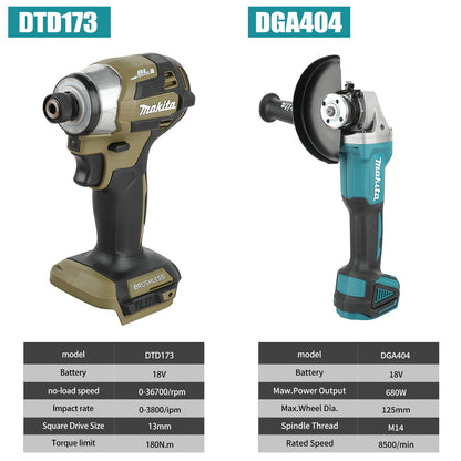 Makita DGA404 18V 125mm Esmerilhadeira Angular Elétrica a Bateria Sem Escova para Corte, Parafusadeira de Impacto DTD173 Sem Escova Ferramenta para Manutenção Automotiva