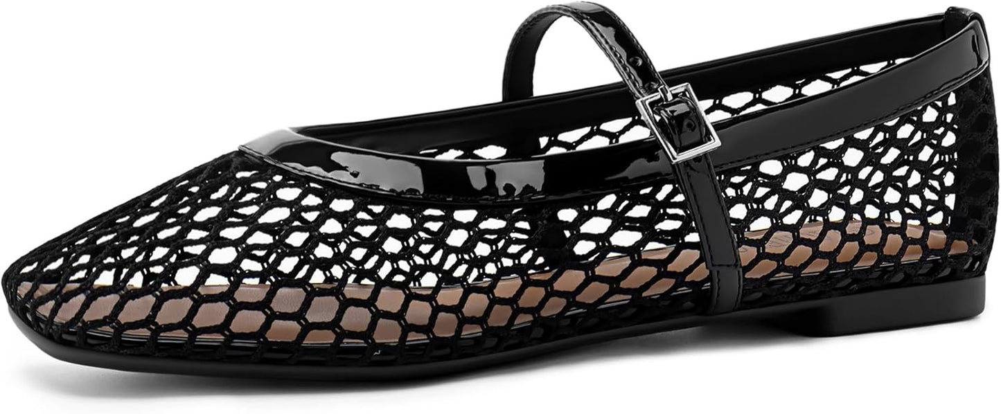 Women‘s Mesh Ballet Flats Comfortable Square Toe Ballerina Flats Buckle Strap Casual Fishnet Flat Shoes