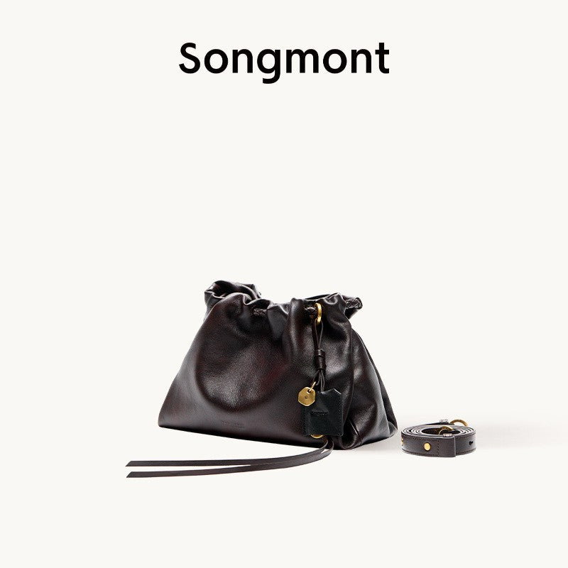 Songmont Genuine Leather Mini Bucket Bag Adjustable Drawstring Multi Straps White Black Blue Casual Chic Crossbody Bag Oversized