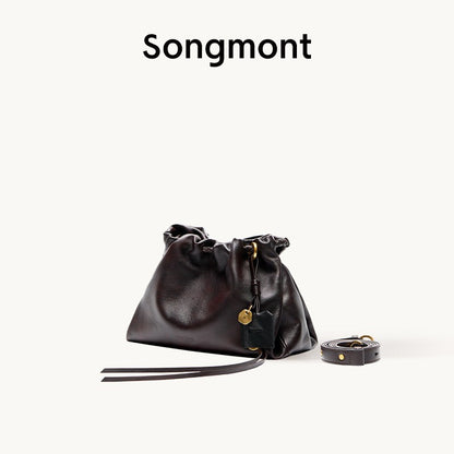 Songmont Genuine Leather Mini Bucket Bag Adjustable Drawstring Multi Straps White Black Blue Casual Chic Crossbody Bag Oversized