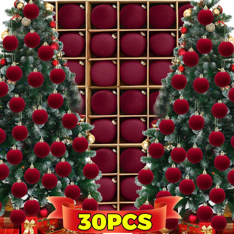 1/30Pcs Christmas Balls Red Flocked Balls Christmas Tree Hanging Pendant Balls DIY Home New Year Party Gift Decoration Supplies