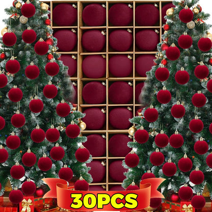 1/30Pcs Christmas Balls Red Flocked Balls Christmas Tree Hanging Pendant Balls DIY Home New Year Party Gift Decoration Supplies