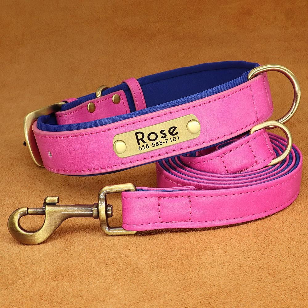Conjunto Personalizado de Coleira e Guia de Couro para Cães Coleira de Couro Acolchoada Macia para Cães de Pequeno, Médio e Grande Porte com Placa de Identificação Grátis