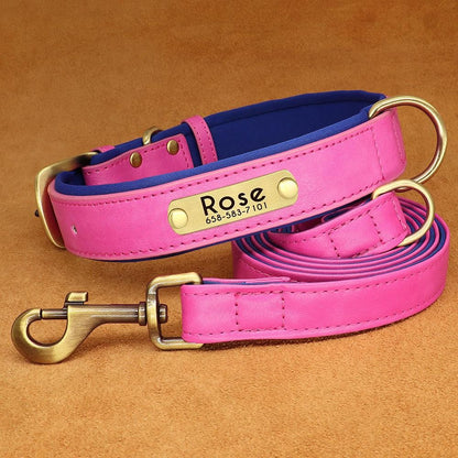 Conjunto Personalizado de Coleira e Guia de Couro para Cães Coleira de Couro Acolchoada Macia para Cães de Pequeno, Médio e Grande Porte com Placa de Identificação Grátis