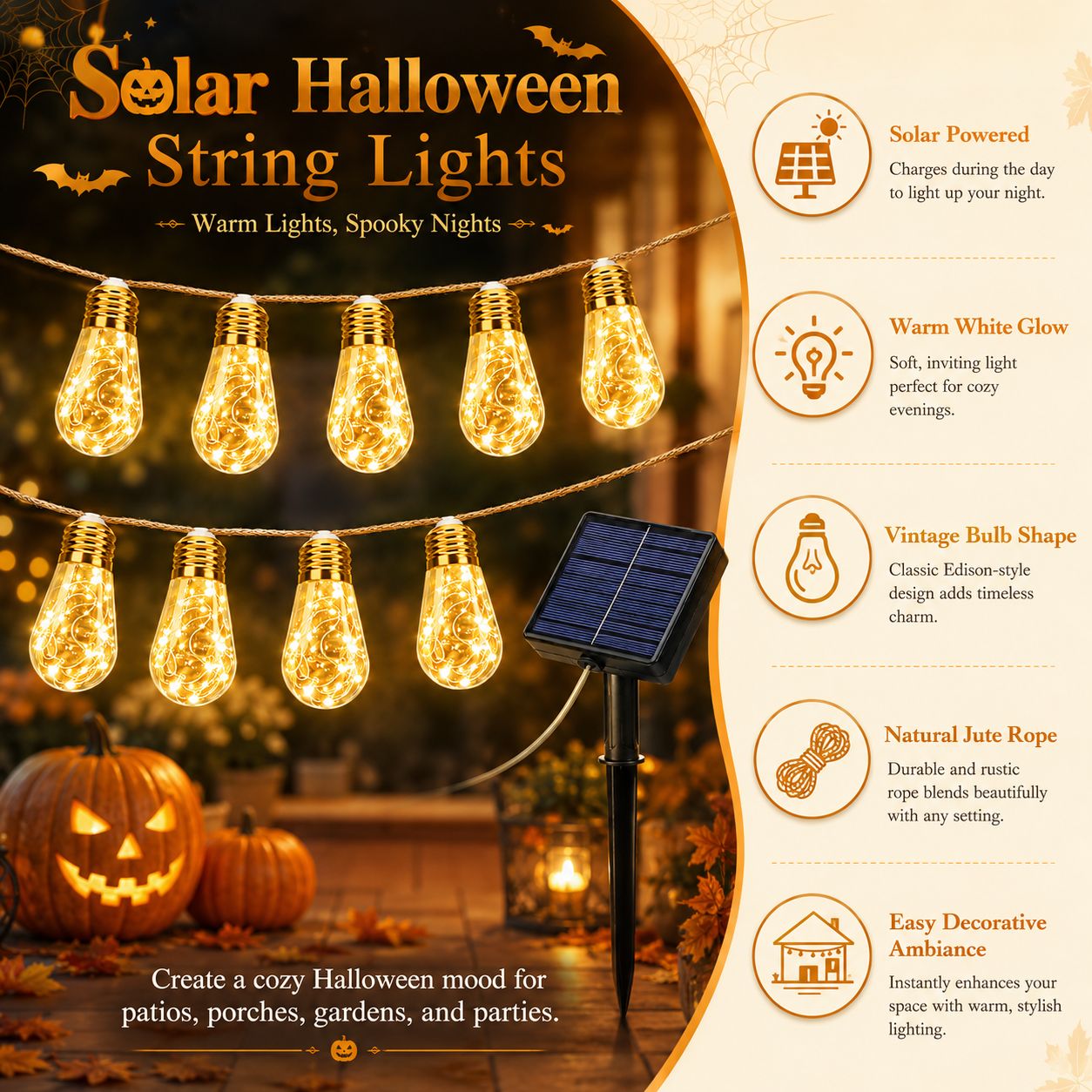 Solar String Lights Hemp Rope Edison Bulb Fairy Lights 4M/6M/8M Warm White for Garden Patio Pergola Wedding Christmas Decor