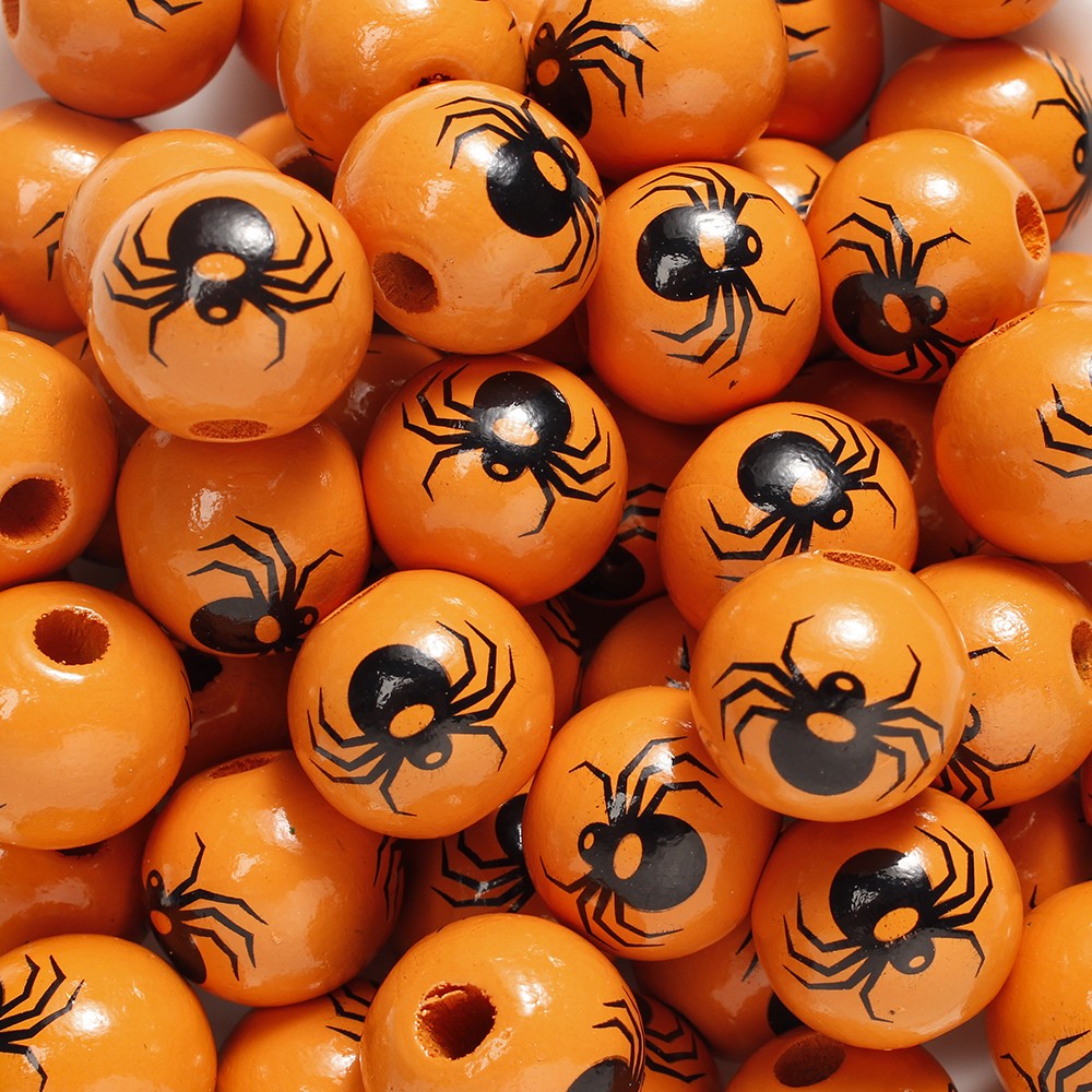 10pcs 16mm Wooden Spacer Beads Halloween Print Spider Eye Witch Bloodstain Ghost Face Mask Beads For Making Bracelet Necklace