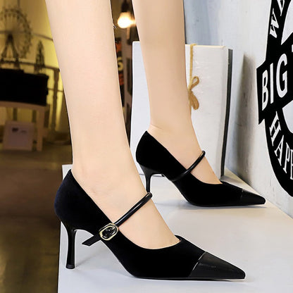 Korean Version Party 10cm 7cm High Heels Women Shoes Thin Heels Velvet Shallow Montage Pointed Toe Metal One-line Buckle Pumps