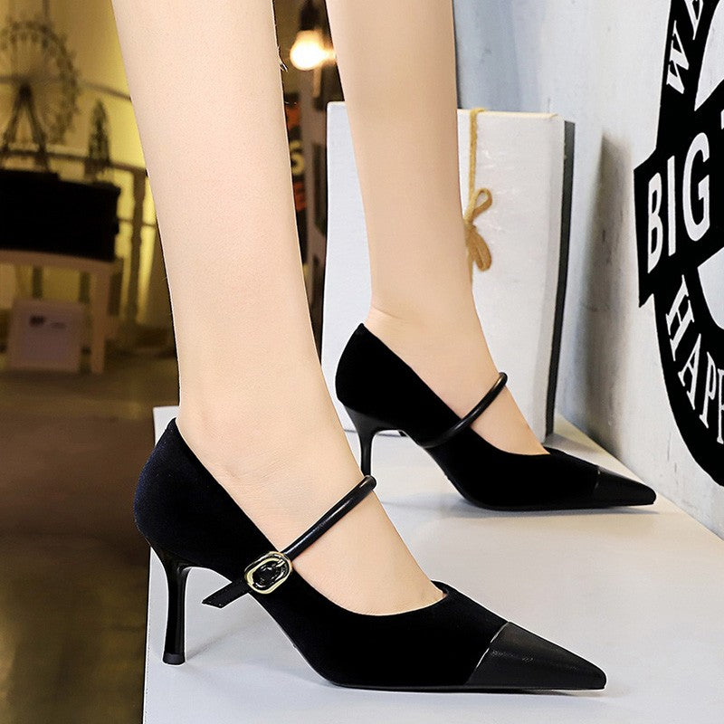 Korean Version Party 10cm 7cm High Heels Women Shoes Thin Heels Velvet Shallow Montage Pointed Toe Metal One-line Buckle Pumps