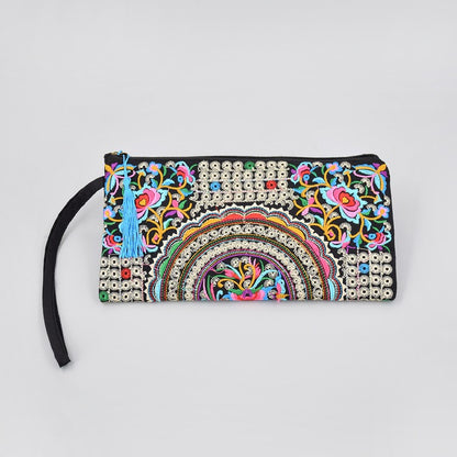 Ethnic Floral Embroidery Long Wallet Wristlet Clutch Bag Phone Vintage Embroidered Wristlet Clutch Evening Bag Wallets for Women