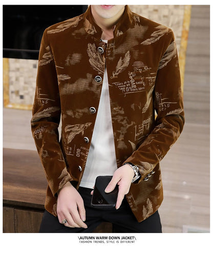 Luxury Retro Velvet Suit Jacket for Men Fashion Slim Fit Stand Collar Blazer Masculino Casual Business Wedding Dress Coat