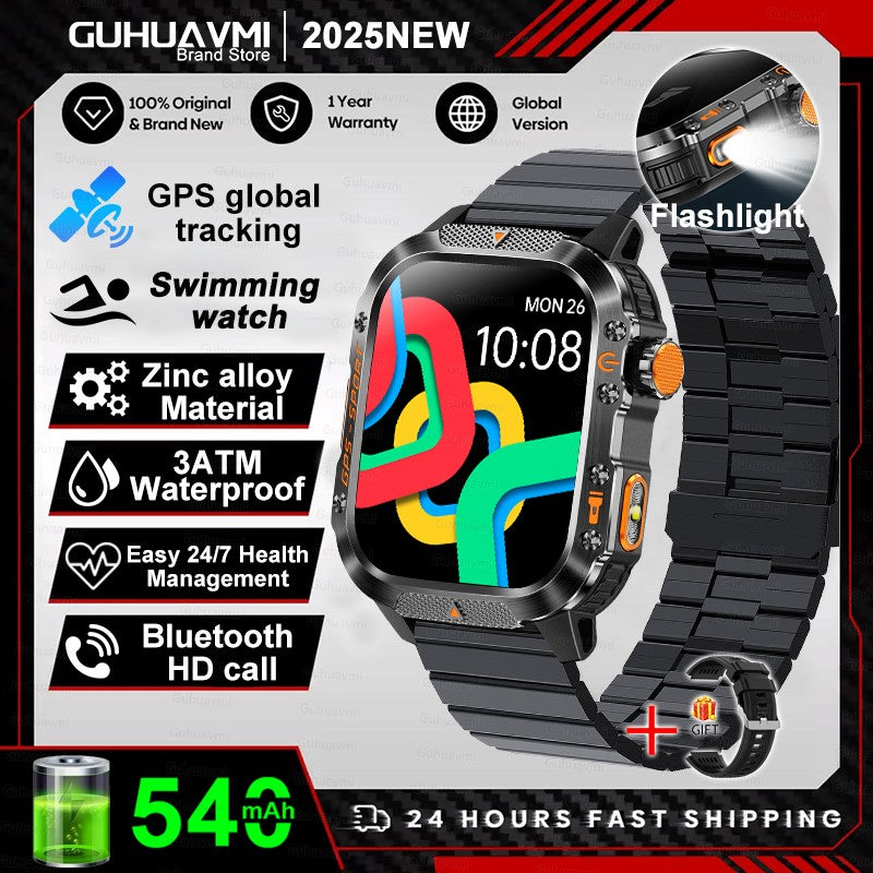2026 Novas pulseiras inteligentes militares de GPS para ambientes externos, bússola masculina, frequência cardíaca, chamada BT, lanterna LED, Smartwatch à prova d'água 10ATM para natação