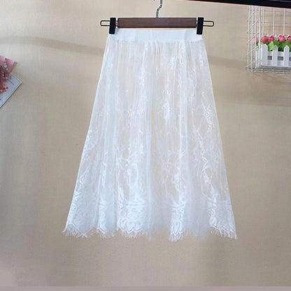 Fashion Transparent Sexy Lace Mesh Skirt Elegant 2 Length Midi Skirt Elastic High Waist Ladies Womens Skirt Ladies