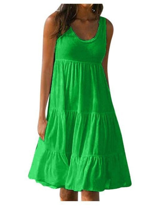 Plus Size Women Causual O Neck Sleeveless Ruffles Mini Dress Boho Solid Beach Sundress Oversized Loose Dress 2025 Summer